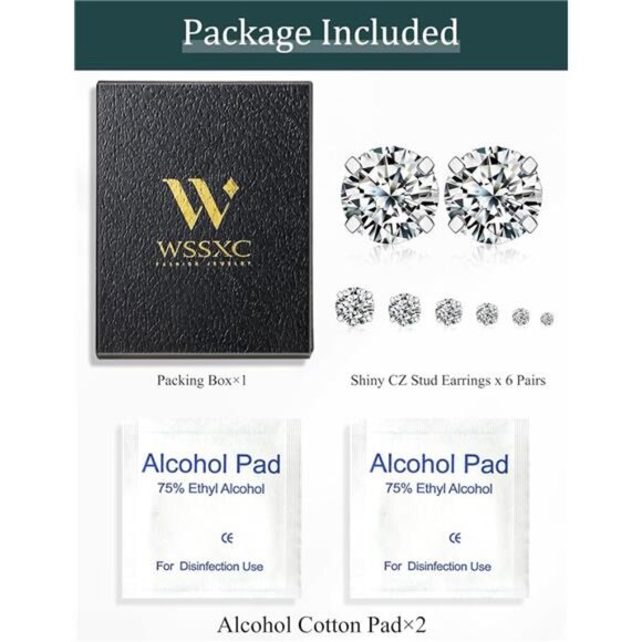 6 Pairs Stud Earrings Set, Hypoallergenic Cubic Zirconia 316L Earrings Stainless - Picture 6 of 7